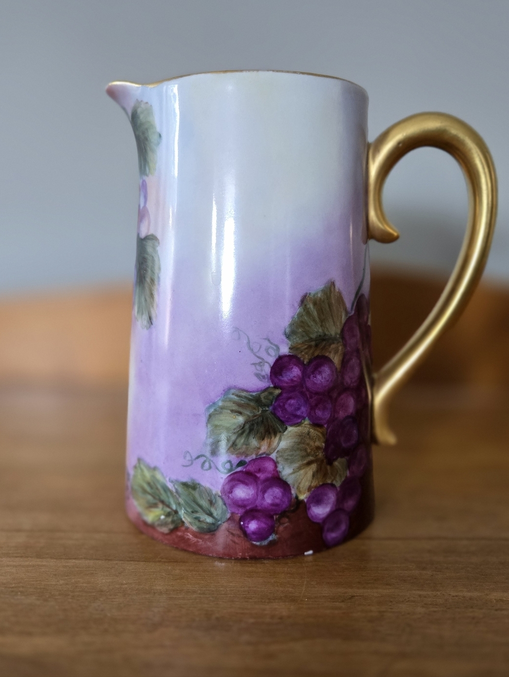 L'Imoges Hand-Painted Purple Grape Ceramic Tankard Pitcher with Gold Handle